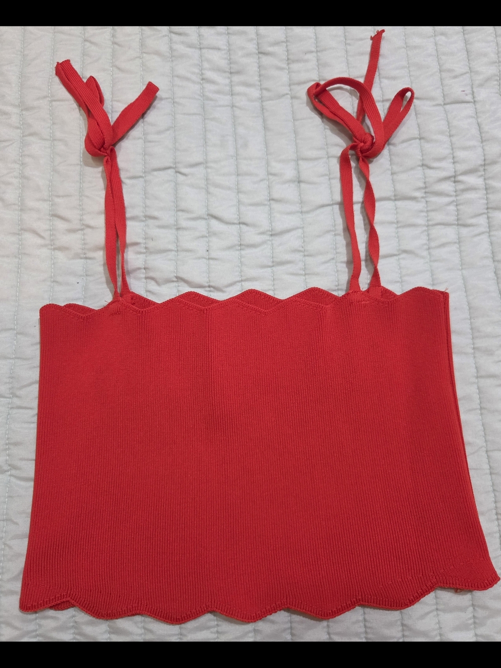Red Scallop-Edge Crop Tank Top with Tie Straps